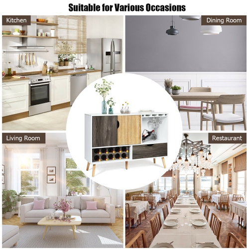 Costway Mid-Century Buffet Sideboard Wooden Storage Cabinet w/ Wine Rack & Glass Holder