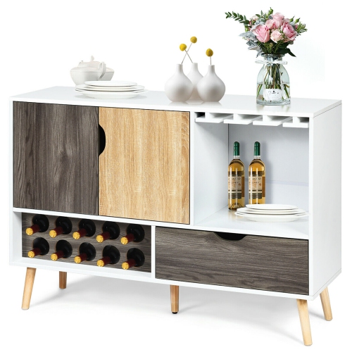 Costway Mid-Century Buffet Sideboard Wooden Storage Cabinet w/ Wine Rack & Glass Holder