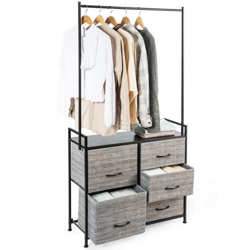 Costway 5 Drawer Fabric Dresser Hanger Metal Frame Wooden Top Storage Closet Organizer