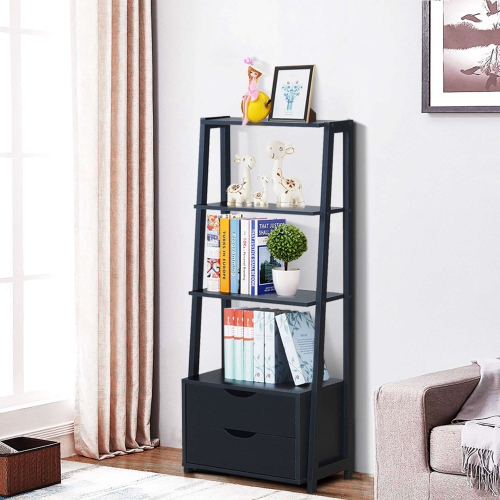 Costway Set of 2 Ladder Shelf 4-Tier Bookshelf Bookcase Storage Leaning With 2 Drawers