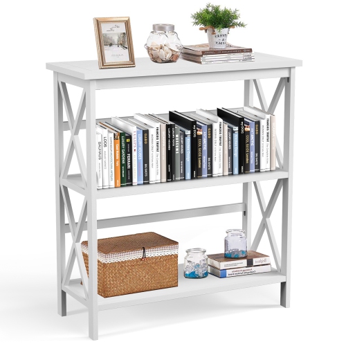 Costway Wooden Shelf Bookcase 3-Tier Open Bookshelf W/X-Design Freestanding Rack