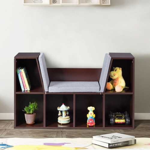 Costway 6 Cubby Kid Storage Cabinet Cushioned Bookcase Multi-Purpose Reading Shelf Brown