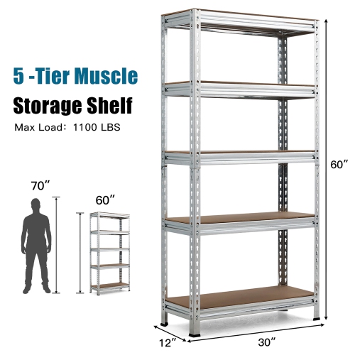 Costway 5-Tier Metal Storage Shelves 60'' Garage Rack W/Adjustable Shelves