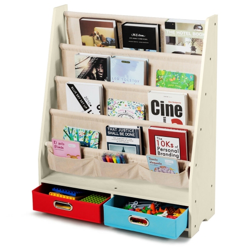 Costway Kids Book Rack Toys Organizer w/ 4 Sling Bookshelf & 2 Boxes