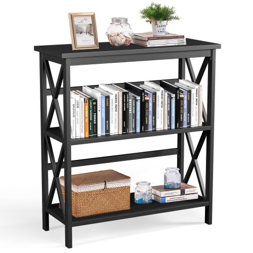 COSTWAY  Wooden Shelf Bookcase 3-Tier Open Bookshelf W/x-Design Freestanding Rack