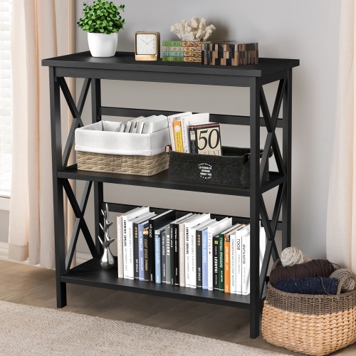 Costway Wooden Shelf Bookcase 3-Tier Open Bookshelf W/X-Design Freestanding Rack