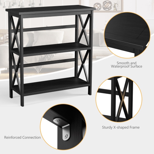 Costway Wooden Shelf Bookcase 3-Tier Open Bookshelf W/X-Design Freestanding Rack