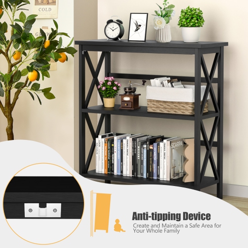 Costway Wooden Shelf Bookcase 3-Tier Open Bookshelf W/X-Design Freestanding Rack