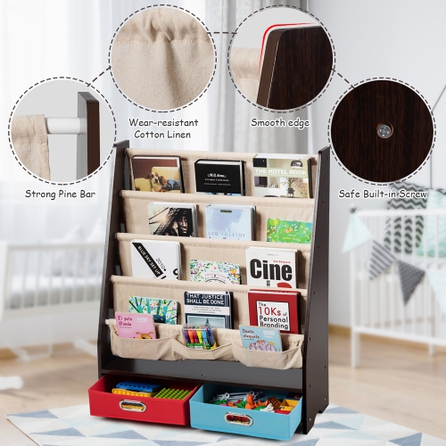Costway Kids Book Rack Toys Organizer w/ 4 Sling Bookshelf & 2 Boxes