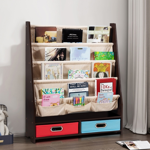 Costway Kids Book Rack Toys Organizer w/ 4 Sling Bookshelf & 2 Boxes
