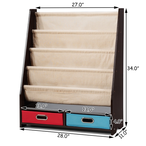 Costway Kids Book Rack Toys Organizer w/ 4 Sling Bookshelf & 2 Boxes
