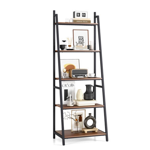 COSTWAY  Industrial Ladder Shelf Rustic 5 Tier Leaning Bookshelf Wood Metal Bookcase