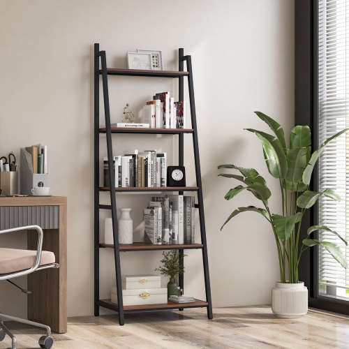 Costway Industrial Ladder Shelf Rustic 5 Tier Leaning Bookshelf Wood Metal Bookcase