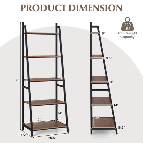 Costway Industrial Ladder Shelf Rustic 5 Tier Leaning Bookshelf Wood Metal Bookcase
