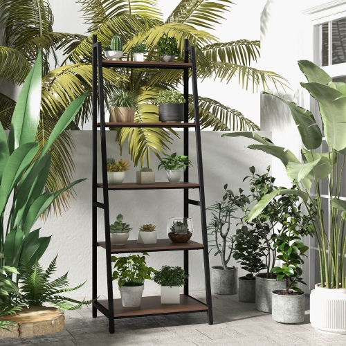 Costway Industrial Ladder Shelf Rustic 5 Tier Leaning Bookshelf Wood Metal Bookcase