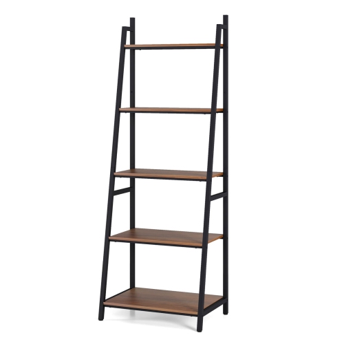 Costway Industrial Ladder Shelf Rustic 5 Tier Leaning Bookshelf Wood Metal Bookcase