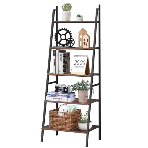 Costway Industrial Ladder Shelf Rustic 5 Tier Leaning Bookshelf Wood Metal Bookcase