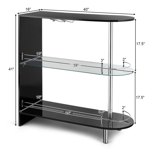 Costway Bar Table Wine Storage Unit w/Tempered Glass Shelf & Glass Holders Glossy Black