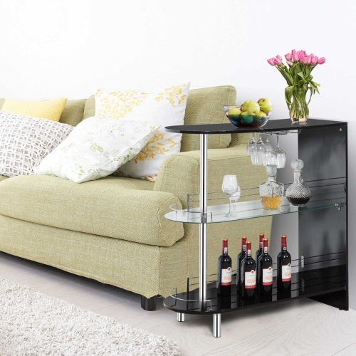 Costway Bar Table Wine Storage Unit w/Tempered Glass Shelf & Glass Holders Glossy Black