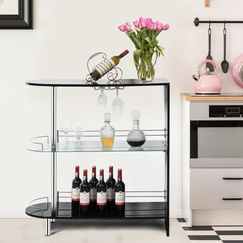 Costway Bar Table Wine Storage Unit w/Tempered Glass Shelf & Glass Holders Glossy Black