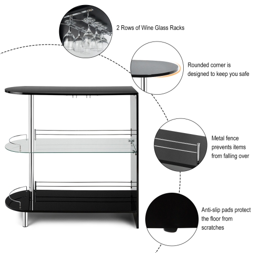 Costway Bar Table Wine Storage Unit w/Tempered Glass Shelf & Glass Holders Glossy Black