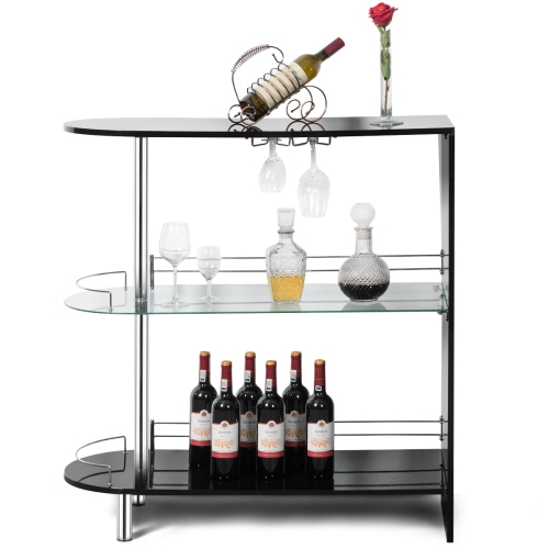 Costway Bar Table Wine Storage Unit w/Tempered Glass Shelf & Glass Holders Glossy Black