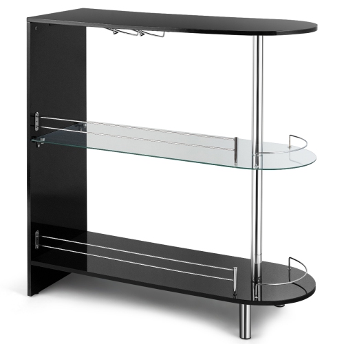 Costway Bar Table Wine Storage Unit w/Tempered Glass Shelf & Glass Holders Glossy Black