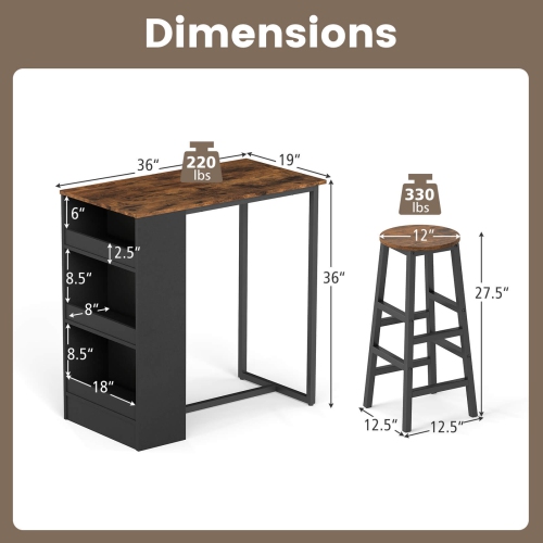 Costway 3 Pieces Bar Table Set Industrial Counter Height Dining Table Set with Storage