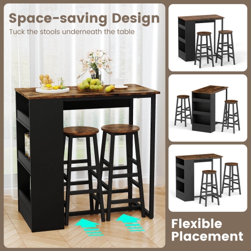 Costway 3 Pieces Bar Table Set Industrial Counter Height Dining Table Set with Storage