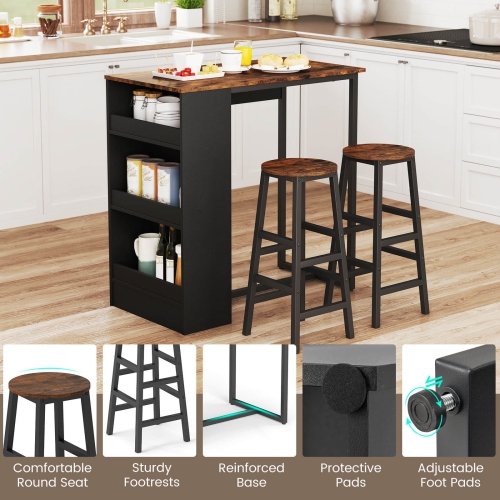 Costway 3 Pieces Bar Table Set Industrial Counter Height Dining Table Set with Storage