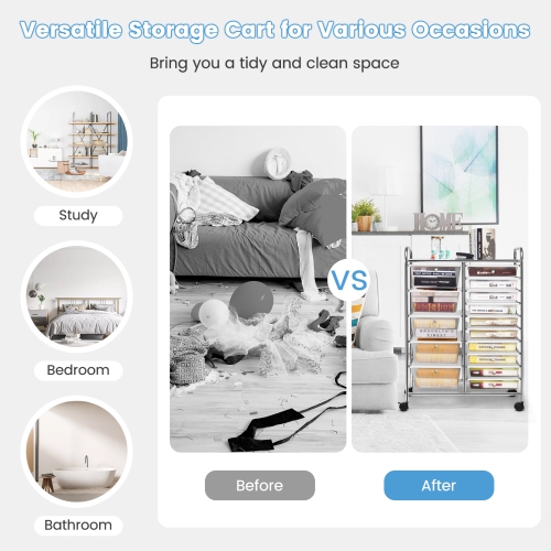 Chariot de Rangement avec 15 tiroirs en PP, Cadre en Fer Robuste, Tour/Caisson/ Rayonnage de Rangement à Roulettes pour Bureau, Salle de Bains et