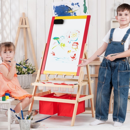 Costway Chevalet Artistique Double Face Rabattable pour Enfants avec Bacs de Rangement et Papier à Dessin