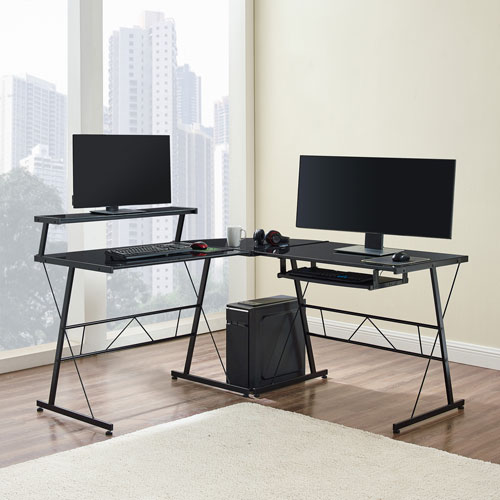 Mila L-Shaped 59"W Desk with Glass Top - Black