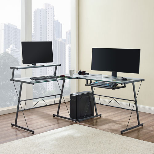 Mila L-Shaped 59"W Desk with Glass Top - Grey
