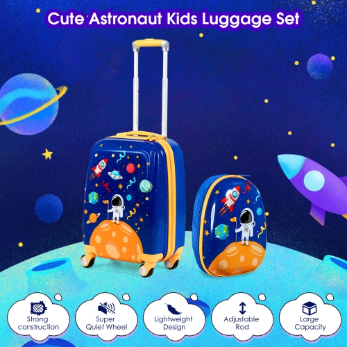 Valise 18" et Sac à Dos 12",Bagage à Main Rose pour Enfants Enfants en Dessin Astronaute avec Poignée Réglable,4 Roues Pivotante à 360° Bleu Foncé