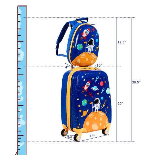 Valise 18" et Sac à Dos 12",Bagage à Main Rose pour Enfants Enfants en Dessin Astronaute avec Poignée Réglable,4 Roues Pivotante à 360° Bleu Foncé