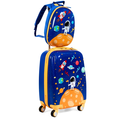 Valise 18" et Sac à Dos 12",Bagage à Main Rose pour Enfants Enfants en Dessin Astronaute avec Poignée Réglable,4 Roues Pivotante à 360° Bleu Foncé