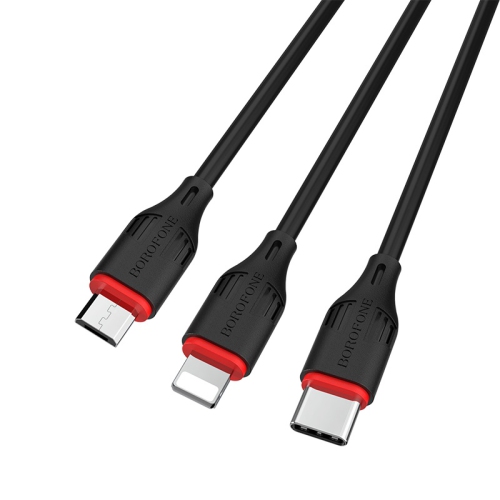 BOROFONE  Bx17 Enjoy 3-In-1 Charging Cable for Lightning / Micro-USB / USB-C Aka Type-C, 1M, Durable And Reliable In Black