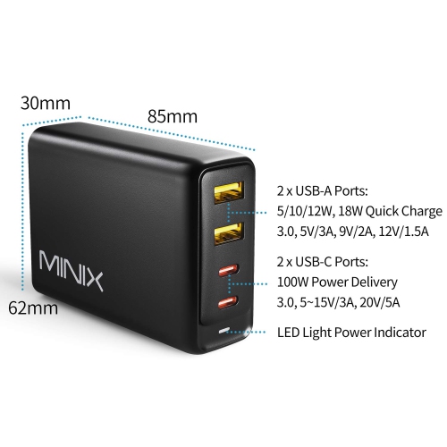 MINIX 100W Turbo 4-Port GaN Wall Charger 2 x USB-A Quick Charge 3.0, 2 x USB-C Fast Charging Adapter Compatible with MacBook