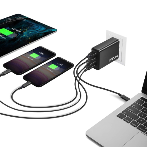 MINIX 100W Turbo 4-Port GaN Wall Charger 2 x USB-A Quick Charge 3.0, 2 x USB-C Fast Charging Adapter Compatible with MacBook