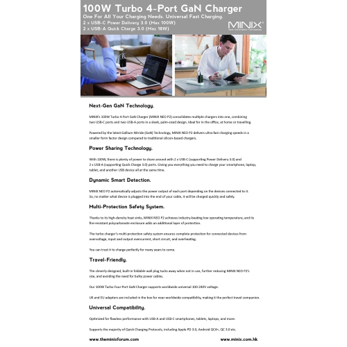 MINIX 100W Turbo 4-Port GaN Wall Charger 2 x USB-A Quick Charge 3.0, 2 x USB-C Fast Charging Adapter Compatible with MacBook