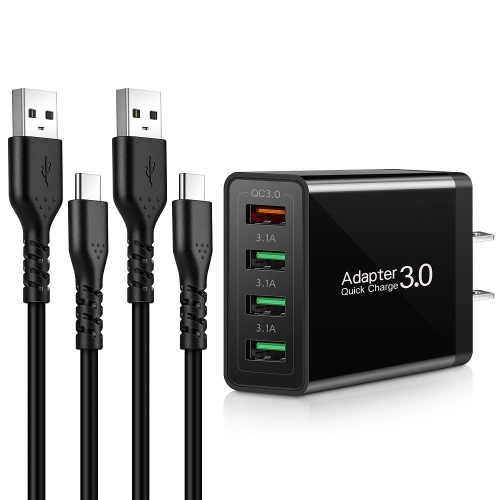 HLD  Quick Charge 3.0 Wall Charger, USB Type C Cable 6Ft, Iseekerkit 4Ports Fast Charge 3.0 Power Adapter With 2Pack Pvc USB C Ca