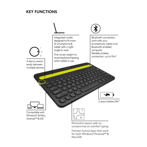Logitech – clavier Bluetooth pour plusieurs appareils K480 pour ordinateurs, tablettes et téléphones intelligents, noir