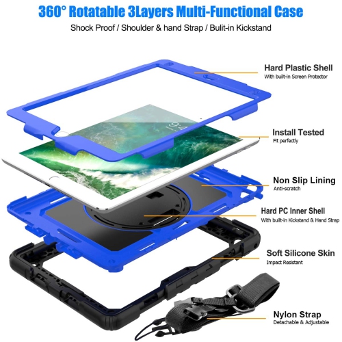 SEYMAC Stock iPad 6th/5th Generation Case, Three Layer Hybrid Drop Protection Case with 360 Rotating Stand Hand Strap & St