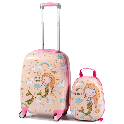 Valise 18" et Sac à Dos 12",Bagage à Main Rose pour Enfants Filles en Dessin Sirène avec Poignée Réglable,4 Roues Pivotante à 360°