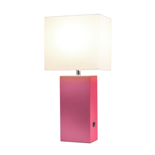 Elegant Designs Leather Table Lamp w/ USB Port in Hot Pink with White Shade
