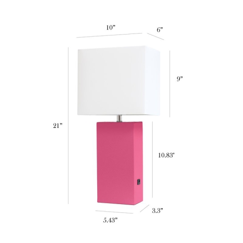 Elegant Designs Leather Table Lamp w/ USB Port in Hot Pink with White Shade