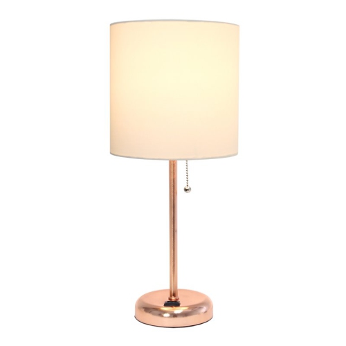 LimeLights Metal Stick Lamp w/ Power Outlet in Rose Gold with White Shade