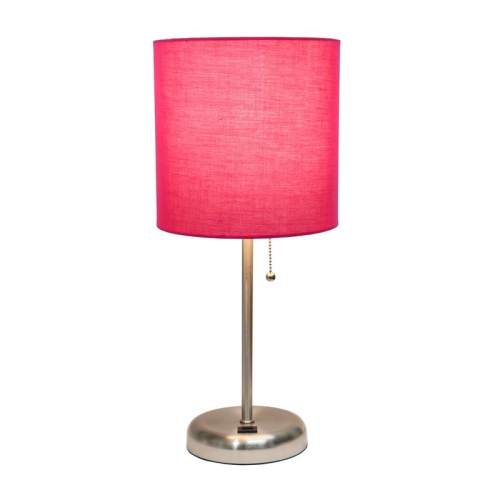 LimeLights Silver Metal Stick Lamp w/ USB Port with Pink Shade