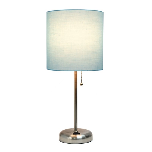 LimeLights Silver Metal Stick Lamp w/ Power Outlet with Aqua Blue Shade